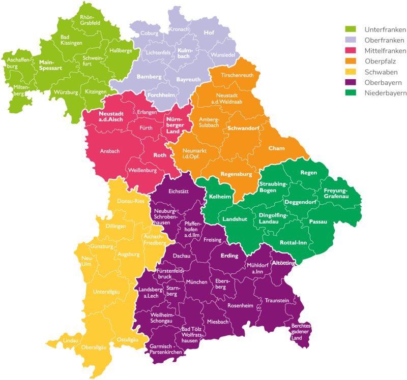 Bayernkarte mit Bezirken